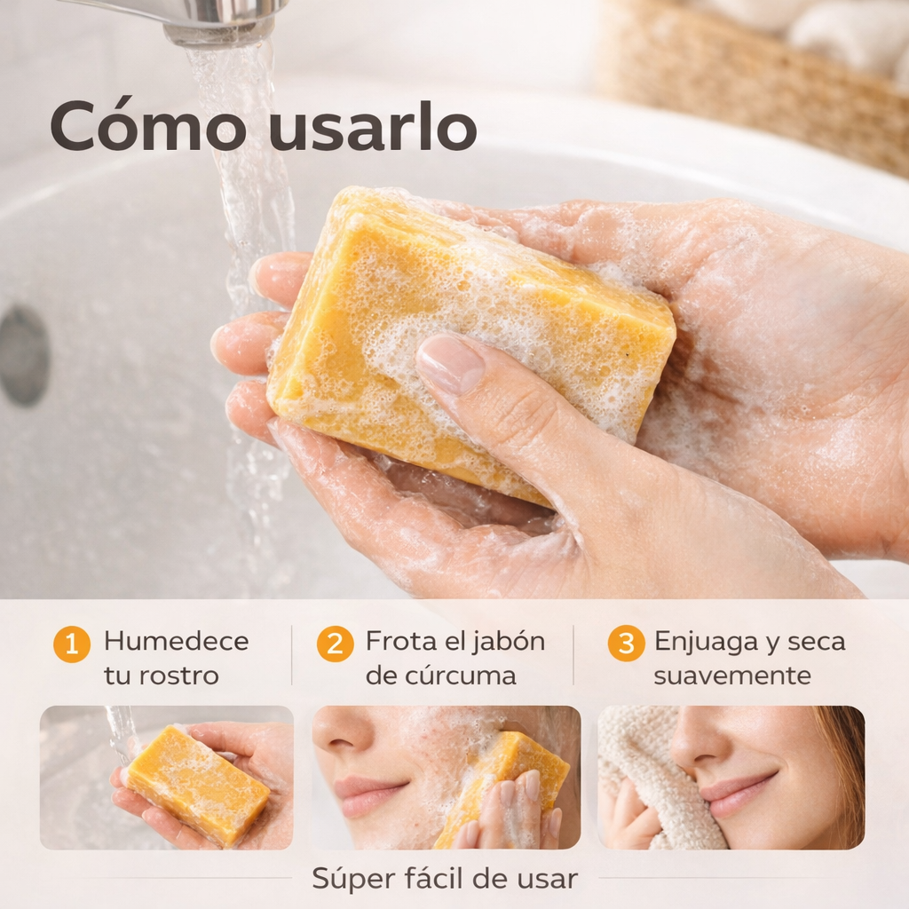 Jabón de cúrcuma. revela una piel más clara, limpia y uniforme. Compra 2 por el valor de 1